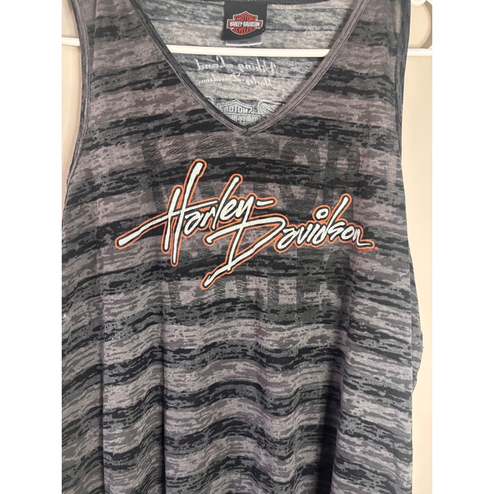 Harley Davidson Womens Tank Top 2X Gray Striped Viking Land Brainerd MN V-Neck - Picture 3 of 8